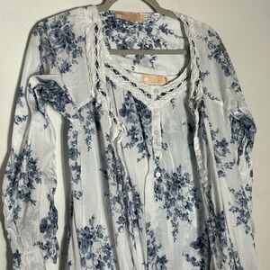 LA CERA  2 Piece set Floral Cotton Blue White Floral Nightgown Robe Large